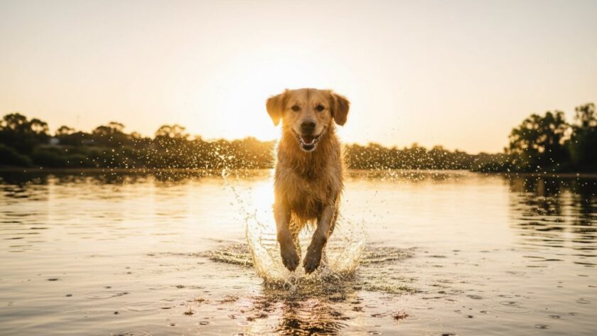 An epic, emotionally resonant photograph of a Golden Retriever joyfully leaping through the golden light of sunset near the Murray River in Mildura, a perfect example of Mildura professional pet photography capturing unique canine personalities. The dog is mid-air, a splash of water visible, with warm, dramatic backlighting, showcasing its pure exuberance.