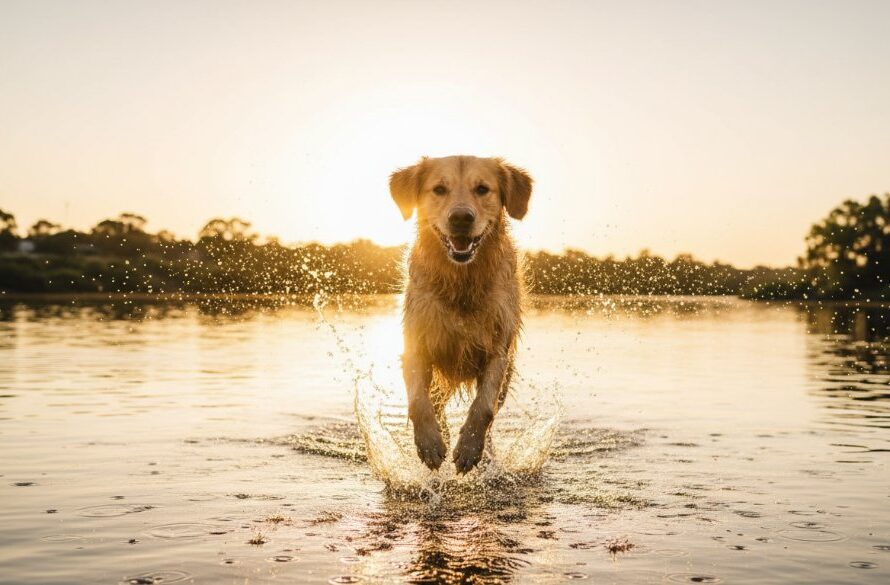An epic, emotionally resonant photograph of a Golden Retriever joyfully leaping through the golden light of sunset near the Murray River in Mildura, a perfect example of Mildura professional pet photography capturing unique canine personalities. The dog is mid-air, a splash of water visible, with warm, dramatic backlighting, showcasing its pure exuberance.