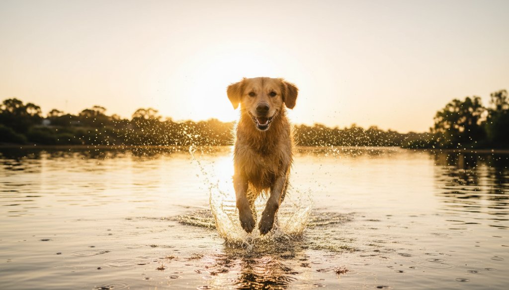 An epic, emotionally resonant photograph of a Golden Retriever joyfully leaping through the golden light of sunset near the Murray River in Mildura, a perfect example of Mildura professional pet photography capturing unique canine personalities. The dog is mid-air, a splash of water visible, with warm, dramatic backlighting, showcasing its pure exuberance.