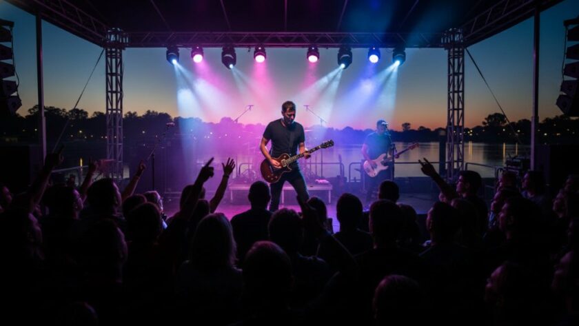 Dynamic wide shot capturing an electrifying performance at a Mildura Riverfront concert, showcasing the band on stage, a passionate crowd, and dramatic stage lighting, expertly highlighting the energy of the Mildura Riverfront concert photography expert.