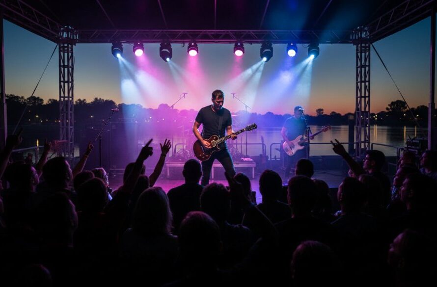 Dynamic wide shot capturing an electrifying performance at a Mildura Riverfront concert, showcasing the band on stage, a passionate crowd, and dramatic stage lighting, expertly highlighting the energy of the Mildura Riverfront concert photography expert.