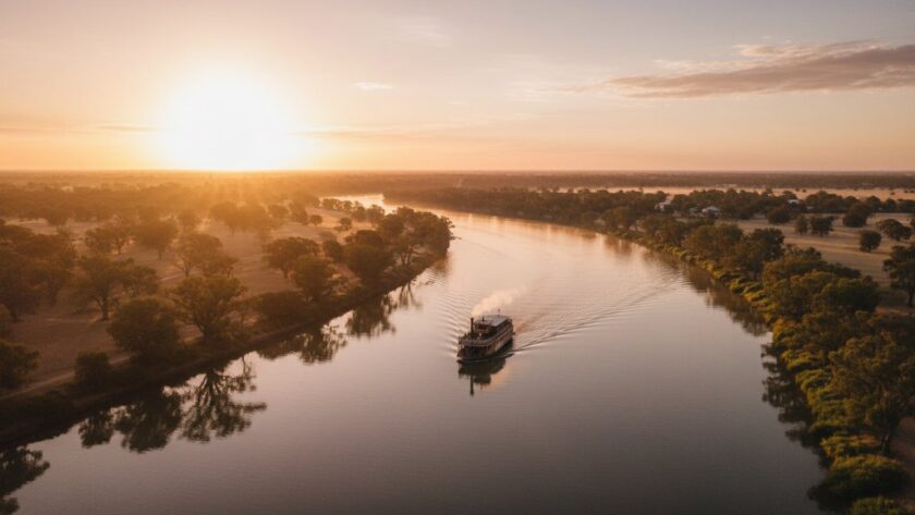 Breathtaking wide-angle drone shot capturing the winding Murray River at sunset near Mildura, showcasing Mildura Riverland drone photography unforgettable aerials, with a dramatic sky and golden reflections.