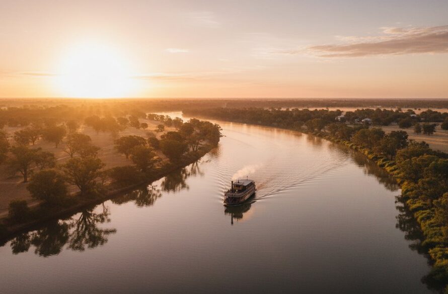 Breathtaking wide-angle drone shot capturing the winding Murray River at sunset near Mildura, showcasing Mildura Riverland drone photography unforgettable aerials, with a dramatic sky and golden reflections.