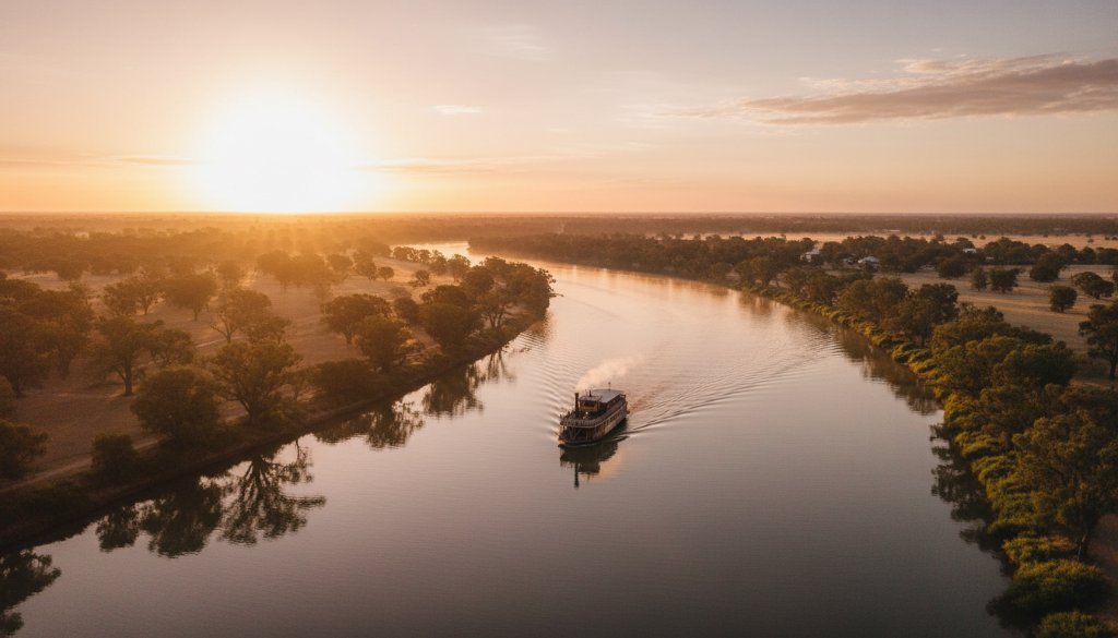 Breathtaking wide-angle drone shot capturing the winding Murray River at sunset near Mildura, showcasing Mildura Riverland drone photography unforgettable aerials, with a dramatic sky and golden reflections.