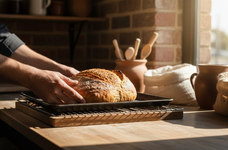 Dramatic overhead shot of a local artisanal bakery in Miners Rest showcasing freshly baked sourdough loaves and pastries, professionally lit to highlight texture, embodying Miners Rest advertising photography local business impact.