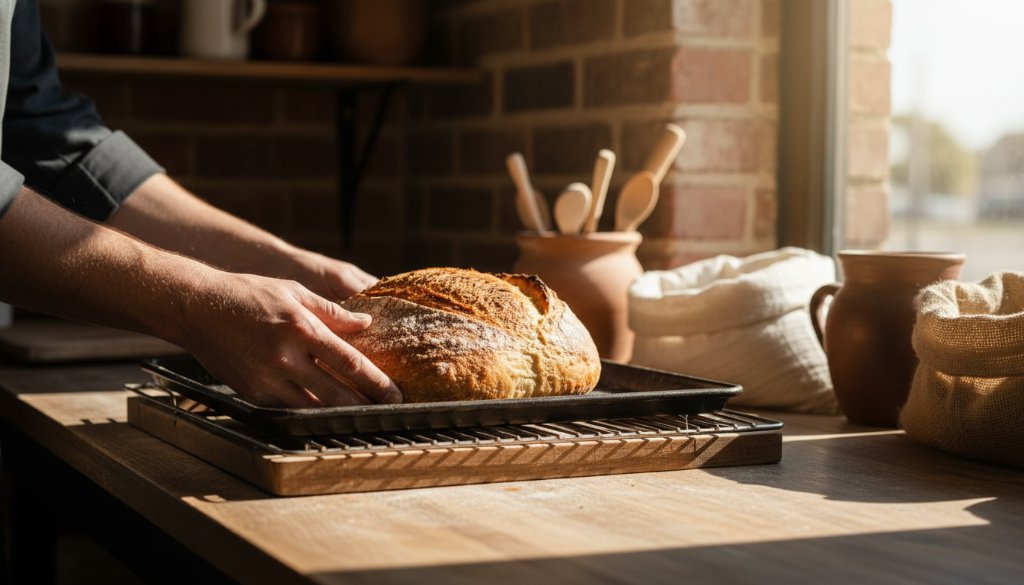 Dramatic overhead shot of a local artisanal bakery in Miners Rest showcasing freshly baked sourdough loaves and pastries, professionally lit to highlight texture, embodying Miners Rest advertising photography local business impact.