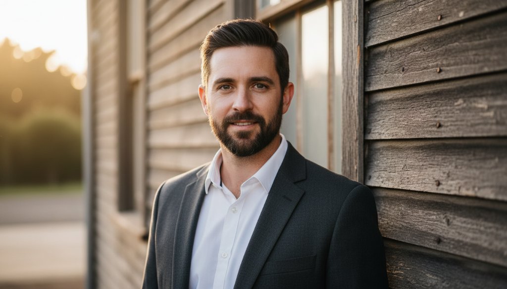 A professional portrait in Miners Rest, showcasing an individual's confident and approachable gaze against a rustic, heritage-inspired backdrop, capturing the essence of Miners Rest authentic professional portraits with dramatic, golden hour lighting.