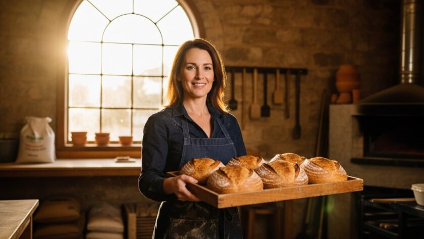 Dramatic wide-angle shot of a local artisanal baker in Miners Rest showcasing freshly baked sourdough loaves with the historic Miners Rest General Store in the soft, golden hour light in the background. This Miners Rest branding photography for local businesses image captures authenticity and community spirit.