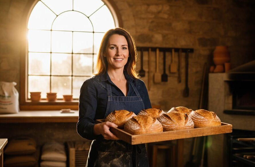 Dramatic wide-angle shot of a local artisanal baker in Miners Rest showcasing freshly baked sourdough loaves with the historic Miners Rest General Store in the soft, golden hour light in the background. This Miners Rest branding photography for local businesses image captures authenticity and community spirit.
