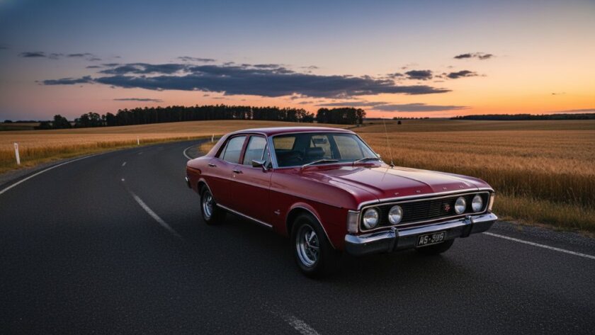 Dramatic long exposure image capturing a pristine vintage muscle car, possibly a Ford Falcon GT, parked at dusk on a quiet rural road near a wheat field in Miners Rest, Victoria, illuminated by the last rays of golden hour sunlight, showcasing exquisite detail and motion blur in the sky, perfect for Miners Rest classic car photography Victoria.
