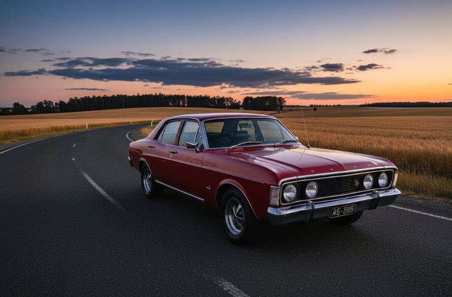 Dramatic long exposure image capturing a pristine vintage muscle car, possibly a Ford Falcon GT, parked at dusk on a quiet rural road near a wheat field in Miners Rest, Victoria, illuminated by the last rays of golden hour sunlight, showcasing exquisite detail and motion blur in the sky, perfect for Miners Rest classic car photography Victoria.