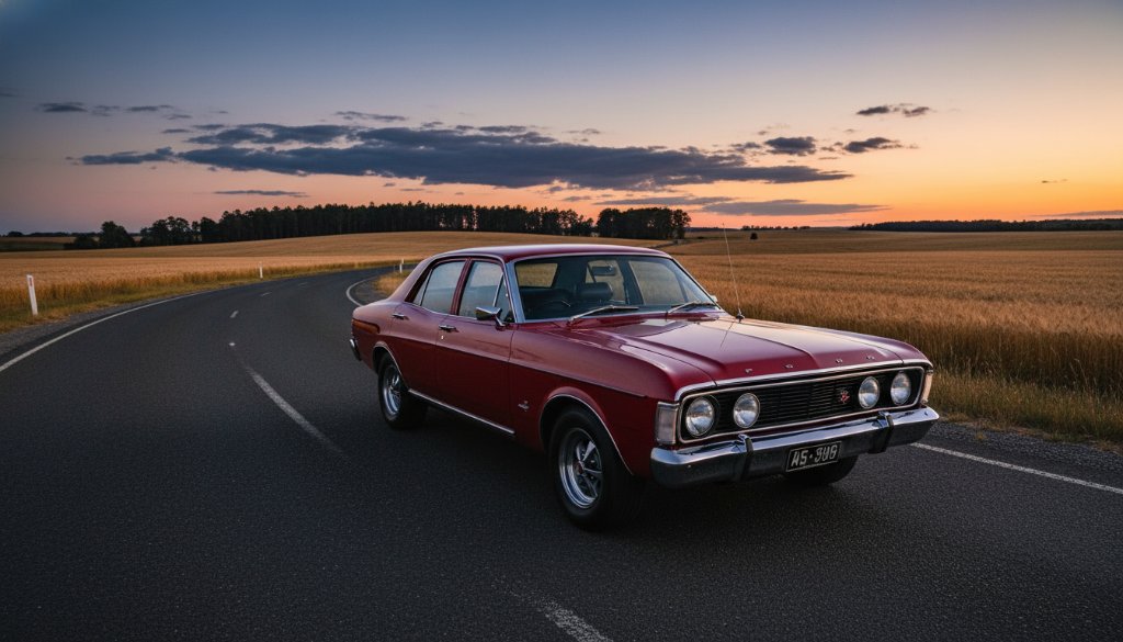 Dramatic long exposure image capturing a pristine vintage muscle car, possibly a Ford Falcon GT, parked at dusk on a quiet rural road near a wheat field in Miners Rest, Victoria, illuminated by the last rays of golden hour sunlight, showcasing exquisite detail and motion blur in the sky, perfect for Miners Rest classic car photography Victoria.