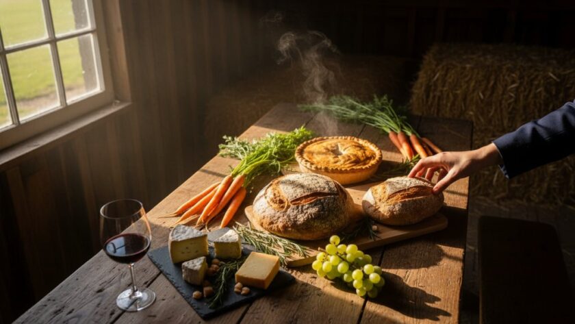 Dramatic overhead shot of a rustic timber table laden with vibrant, freshly prepared dishes showcasing local Miners Rest farm-to-table food photography Victoria ingredients, illuminated by soft, natural window light filtering through an old barn window, with steam gently rising from a warm pie, capturing a truly delicious and authentic culinary moment.