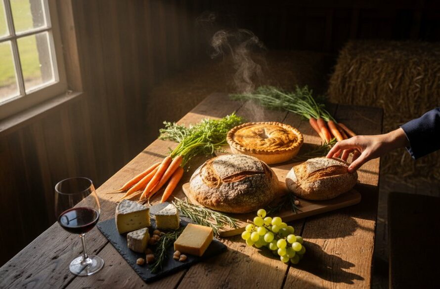 Dramatic overhead shot of a rustic timber table laden with vibrant, freshly prepared dishes showcasing local Miners Rest farm-to-table food photography Victoria ingredients, illuminated by soft, natural window light filtering through an old barn window, with steam gently rising from a warm pie, capturing a truly delicious and authentic culinary moment.