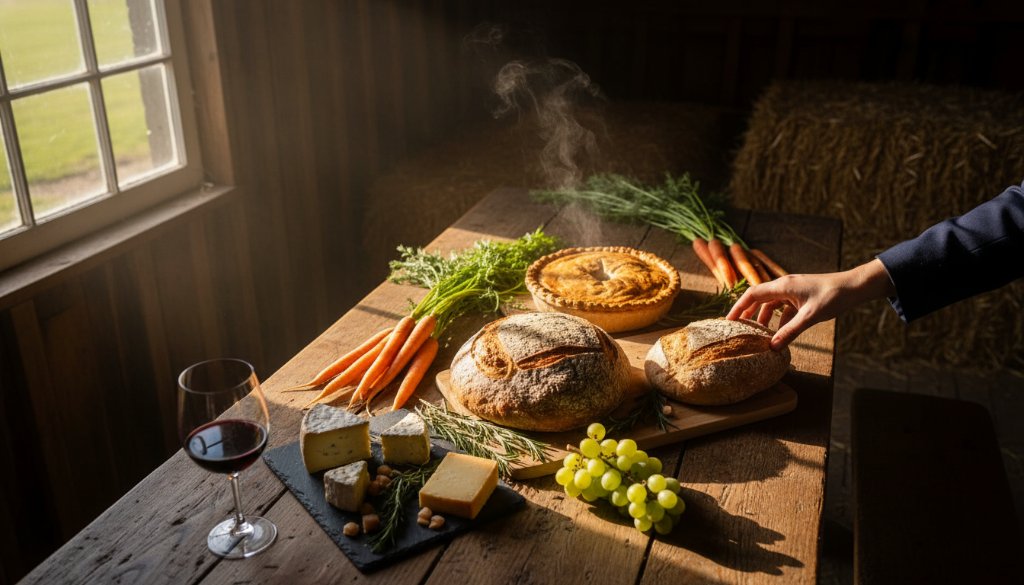 Dramatic overhead shot of a rustic timber table laden with vibrant, freshly prepared dishes showcasing local Miners Rest farm-to-table food photography Victoria ingredients, illuminated by soft, natural window light filtering through an old barn window, with steam gently rising from a warm pie, capturing a truly delicious and authentic culinary moment.
