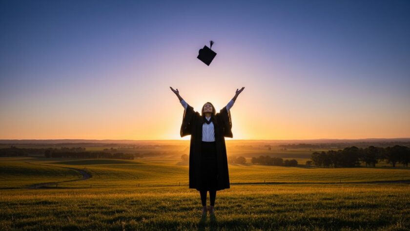 An epic moment captured: A jubilant graduate in Miners Rest graduation photography Ballarat, cap flying high against a dramatic, golden hour sky over a scenic rural backdrop near Lake Burrumbeet, showcasing their pride and achievement with professional, cinematic lighting.