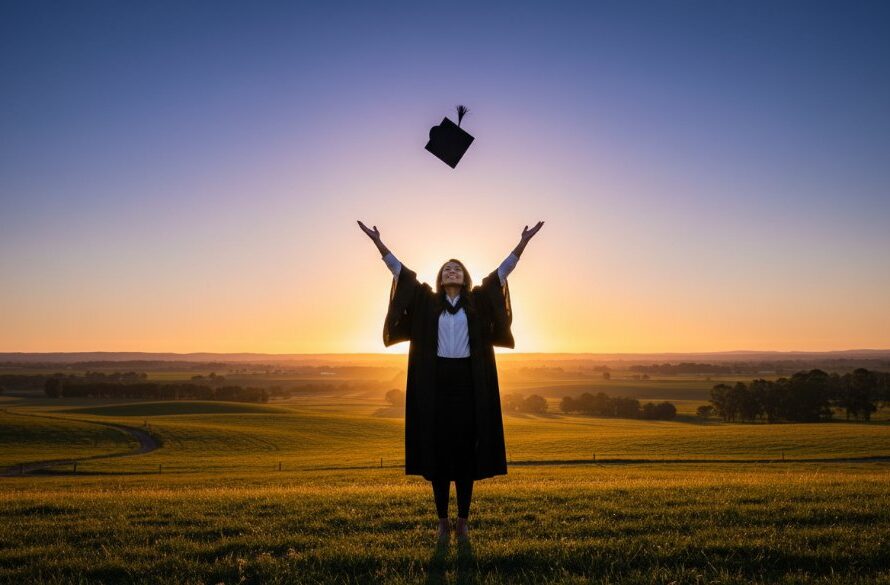 An epic moment captured: A jubilant graduate in Miners Rest graduation photography Ballarat, cap flying high against a dramatic, golden hour sky over a scenic rural backdrop near Lake Burrumbeet, showcasing their pride and achievement with professional, cinematic lighting.