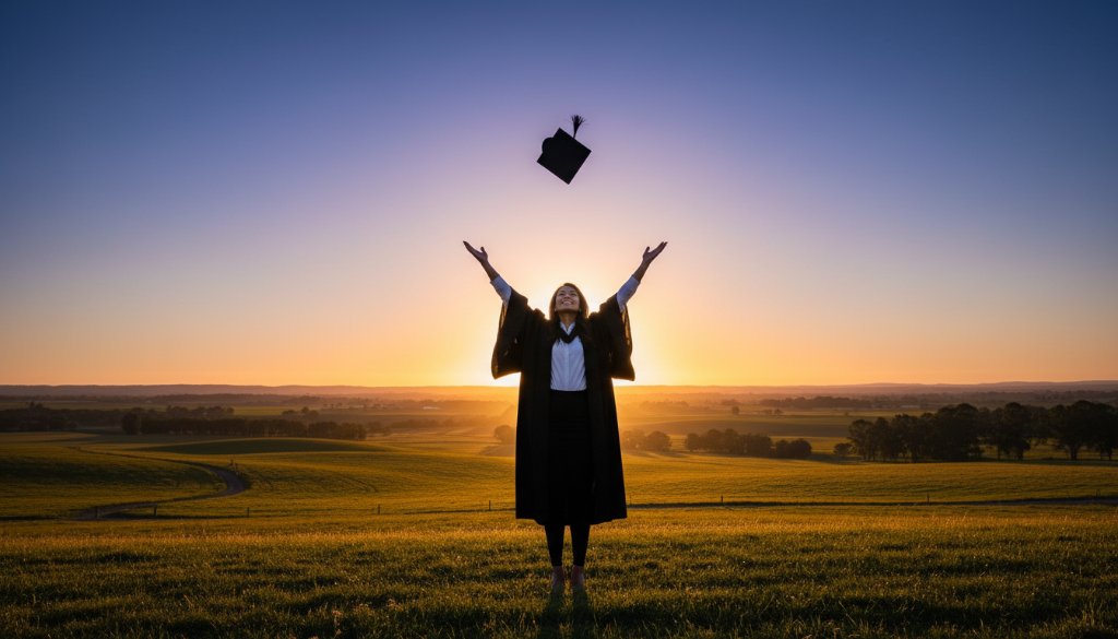An epic moment captured: A jubilant graduate in Miners Rest graduation photography Ballarat, cap flying high against a dramatic, golden hour sky over a scenic rural backdrop near Lake Burrumbeet, showcasing their pride and achievement with professional, cinematic lighting.