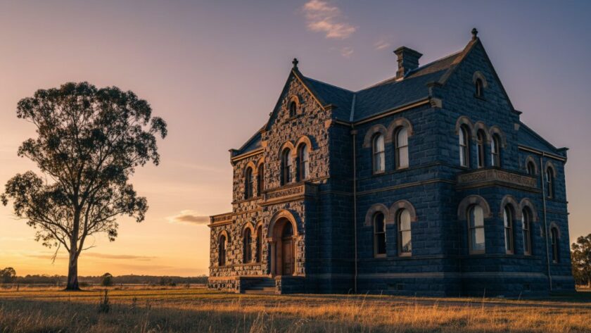 An epic moment photograph showcasing the grand facade of a historic bluestone building in Miners Rest, bathed in the golden light of dawn, with intricate details highlighted. This stunning example of Miners Rest heritage architecture photography captures a timeless scene.