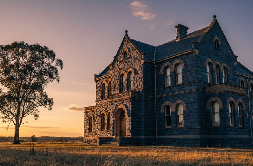 An epic moment photograph showcasing the grand facade of a historic bluestone building in Miners Rest, bathed in the golden light of dawn, with intricate details highlighted. This stunning example of Miners Rest heritage architecture photography captures a timeless scene.