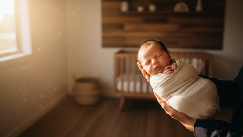 A heartwarming and professionally color-graded wide-angle shot of a newborn baby gently swaddled, nestled in a rustic wooden basket amidst soft, natural light filtering through sheer curtains in a cozy Miners Rest home, with a subtle golden hour glow highlighting the baby's delicate features, creating an epic, tender moment of serene innocence.