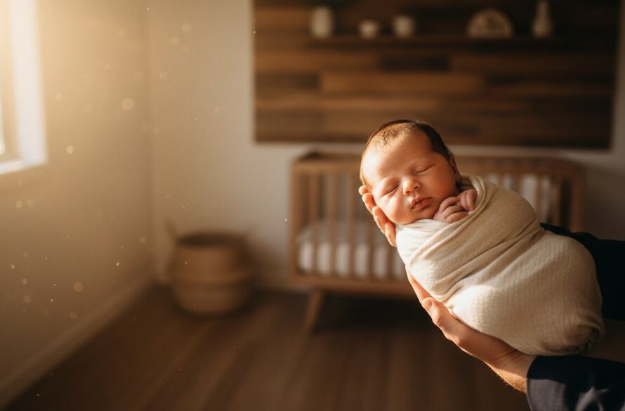 A heartwarming and professionally color-graded wide-angle shot of a newborn baby gently swaddled, nestled in a rustic wooden basket amidst soft, natural light filtering through sheer curtains in a cozy Miners Rest home, with a subtle golden hour glow highlighting the baby's delicate features, creating an epic, tender moment of serene innocence.