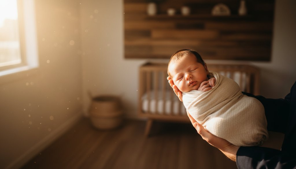 A heartwarming and professionally color-graded wide-angle shot of a newborn baby gently swaddled, nestled in a rustic wooden basket amidst soft, natural light filtering through sheer curtains in a cozy Miners Rest home, with a subtle golden hour glow highlighting the baby's delicate features, creating an epic, tender moment of serene innocence.