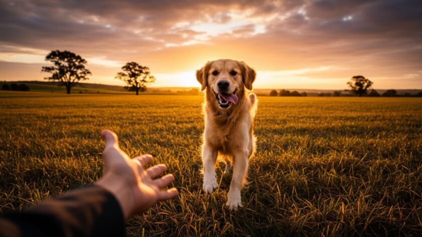 A heartwarming and dynamic Miners Rest pet photography capturing furry family moments, featuring a golden retriever joyfully leaping through golden light in a pastoral field near Miners Rest, Victoria, with its owner's hand playfully interacting, professionally captured with dramatic backlighting and vibrant colours.