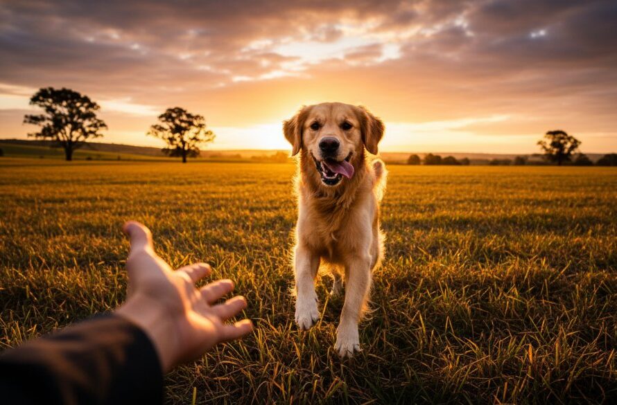 A heartwarming and dynamic Miners Rest pet photography capturing furry family moments, featuring a golden retriever joyfully leaping through golden light in a pastoral field near Miners Rest, Victoria, with its owner's hand playfully interacting, professionally captured with dramatic backlighting and vibrant colours.