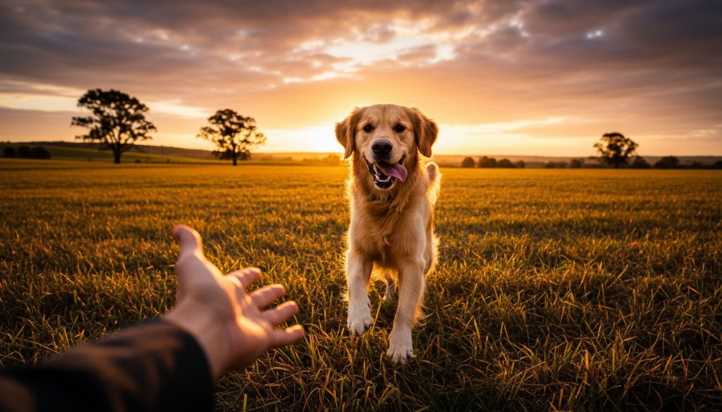 A heartwarming and dynamic Miners Rest pet photography capturing furry family moments, featuring a golden retriever joyfully leaping through golden light in a pastoral field near Miners Rest, Victoria, with its owner's hand playfully interacting, professionally captured with dramatic backlighting and vibrant colours.