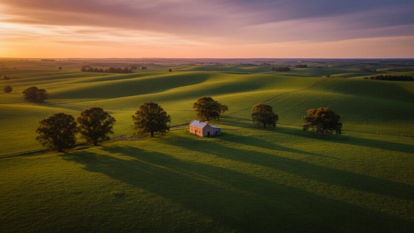 A stunning aerial photograph captured by Miners Rest professional drone imagery rural landscapes, showcasing a golden hour scene over the vast, rolling green fields of Miners Rest, Victoria, with a lone, historic bluestone building nestled amongst gum trees, illuminated by warm, dramatic light.