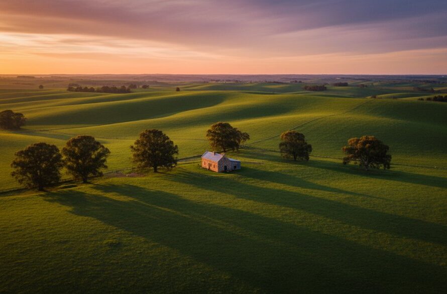 A stunning aerial photograph captured by Miners Rest professional drone imagery rural landscapes, showcasing a golden hour scene over the vast, rolling green fields of Miners Rest, Victoria, with a lone, historic bluestone building nestled amongst gum trees, illuminated by warm, dramatic light.