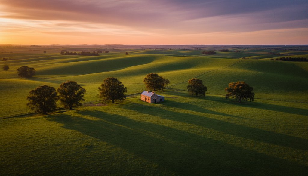 A stunning aerial photograph captured by Miners Rest professional drone imagery rural landscapes, showcasing a golden hour scene over the vast, rolling green fields of Miners Rest, Victoria, with a lone, historic bluestone building nestled amongst gum trees, illuminated by warm, dramatic light.