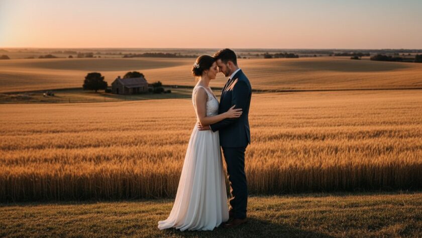 A breathtaking wide shot of a newly married couple sharing a tender moment amidst golden hour light over rolling hills and rustic farm buildings in Miners Rest, Victoria, perfectly encapsulating Miners Rest Rustic Wedding Photography Victoria.