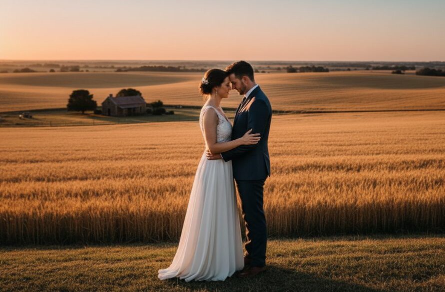A breathtaking wide shot of a newly married couple sharing a tender moment amidst golden hour light over rolling hills and rustic farm buildings in Miners Rest, Victoria, perfectly encapsulating Miners Rest Rustic Wedding Photography Victoria.