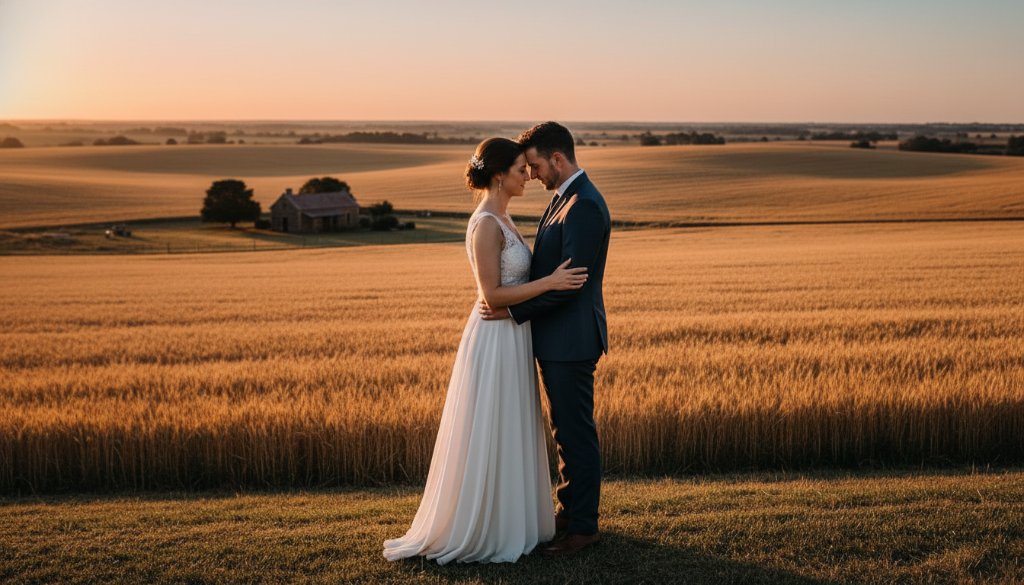 A breathtaking wide shot of a newly married couple sharing a tender moment amidst golden hour light over rolling hills and rustic farm buildings in Miners Rest, Victoria, perfectly encapsulating Miners Rest Rustic Wedding Photography Victoria.