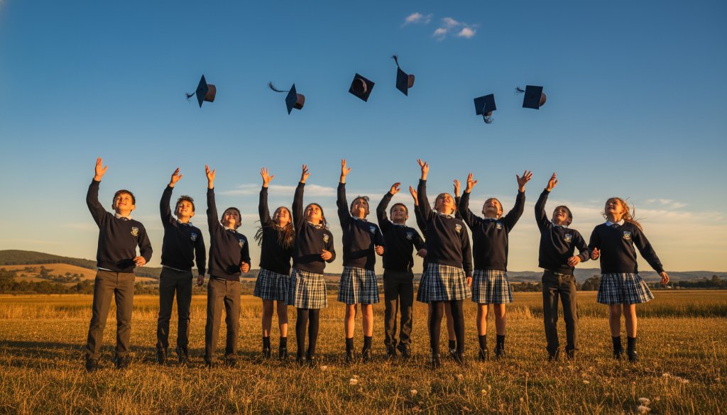 An inspiring, low-angle shot of a group of excited primary school students from Miners Rest, captured by professional Miners Rest School Photography capturing student milestones, celebrating their graduation in a sun-drenched schoolyard, with the iconic Miners Rest landscape subtly in the background, showcasing pure joy and achievement. Dramatic lighting highlights their faces, expertly color graded for a vibrant, professional finish.