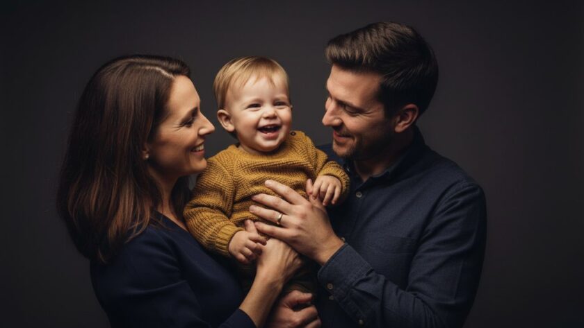 A candid, emotionally resonant studio photograph featuring a Miners Rest family, bathed in warm, dramatic cinematic lighting, capturing a joyous, intimate moment during their tailored studio portrait photography session. A mother hugs her child, both smiling genuinely against a minimalist dark backdrop, emphasizing connection.