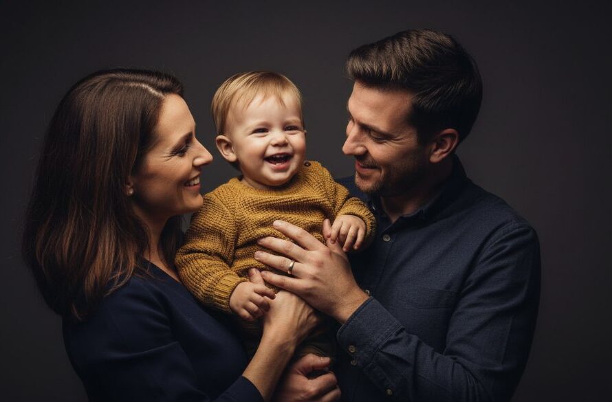 A candid, emotionally resonant studio photograph featuring a Miners Rest family, bathed in warm, dramatic cinematic lighting, capturing a joyous, intimate moment during their tailored studio portrait photography session. A mother hugs her child, both smiling genuinely against a minimalist dark backdrop, emphasizing connection.
