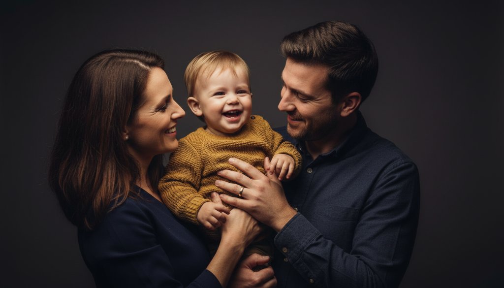 A candid, emotionally resonant studio photograph featuring a Miners Rest family, bathed in warm, dramatic cinematic lighting, capturing a joyous, intimate moment during their tailored studio portrait photography session. A mother hugs her child, both smiling genuinely against a minimalist dark backdrop, emphasizing connection.