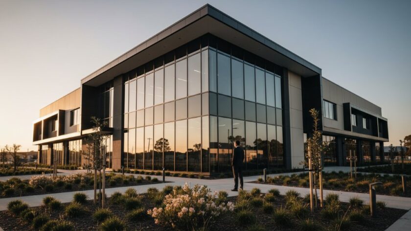 Dramatic wide-angle shot showcasing the exterior of a modern commercial property in Miners Rest, Victoria, captured with professional Miners Rest Victoria commercial real estate photography services, featuring golden hour light reflecting on large glass windows and a perfectly manicured landscape.