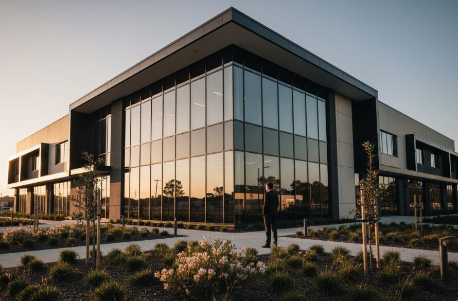 Dramatic wide-angle shot showcasing the exterior of a modern commercial property in Miners Rest, Victoria, captured with professional Miners Rest Victoria commercial real estate photography services, featuring golden hour light reflecting on large glass windows and a perfectly manicured landscape.