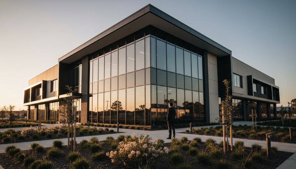 Dramatic wide-angle shot showcasing the exterior of a modern commercial property in Miners Rest, Victoria, captured with professional Miners Rest Victoria commercial real estate photography services, featuring golden hour light reflecting on large glass windows and a perfectly manicured landscape.