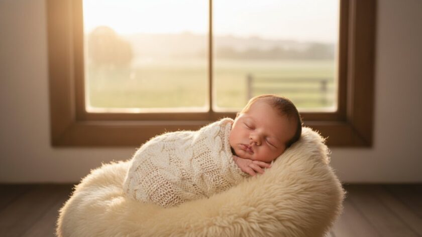 A serene and heartwarming newborn photo session in Miners Rest, Victoria, capturing a baby peacefully sleeping, swaddled in soft fabrics, with dramatic, gentle golden hour lighting filtering through a window, creating an epic moment of pure innocence and new life.
