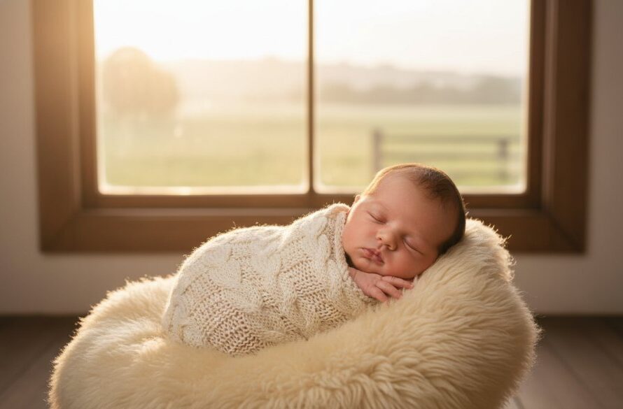 A serene and heartwarming newborn photo session in Miners Rest, Victoria, capturing a baby peacefully sleeping, swaddled in soft fabrics, with dramatic, gentle golden hour lighting filtering through a window, creating an epic moment of pure innocence and new life.