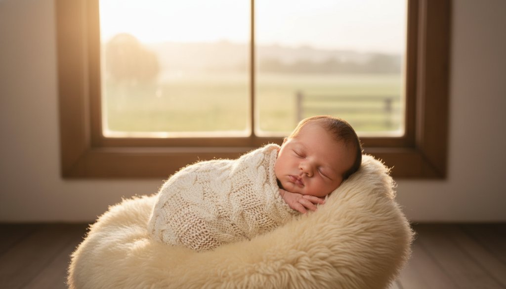 A serene and heartwarming newborn photo session in Miners Rest, Victoria, capturing a baby peacefully sleeping, swaddled in soft fabrics, with dramatic, gentle golden hour lighting filtering through a window, creating an epic moment of pure innocence and new life.