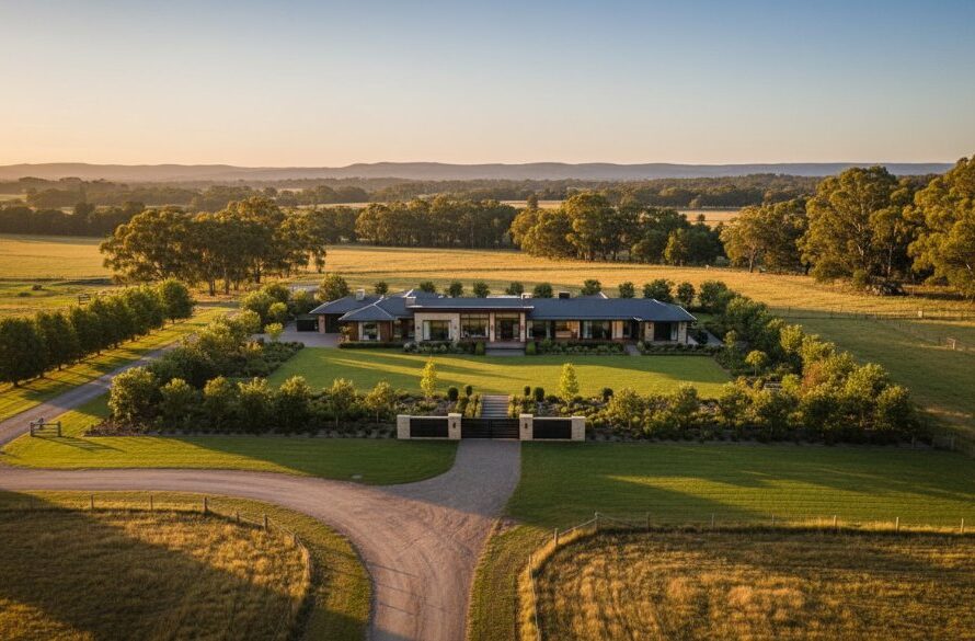 Stunning wide-angle exterior shot capturing a modern family home in Miners Rest, Victoria at twilight, showcasing its illuminated interior and manicured garden under a dramatic golden hour sky, exemplifying premium Miners Rest Victoria real estate photography for an elevated property listing.