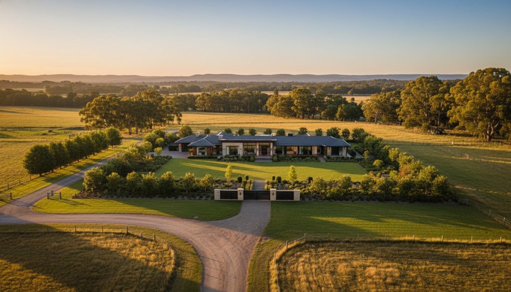 Stunning wide-angle exterior shot capturing a modern family home in Miners Rest, Victoria at twilight, showcasing its illuminated interior and manicured garden under a dramatic golden hour sky, exemplifying premium Miners Rest Victoria real estate photography for an elevated property listing.