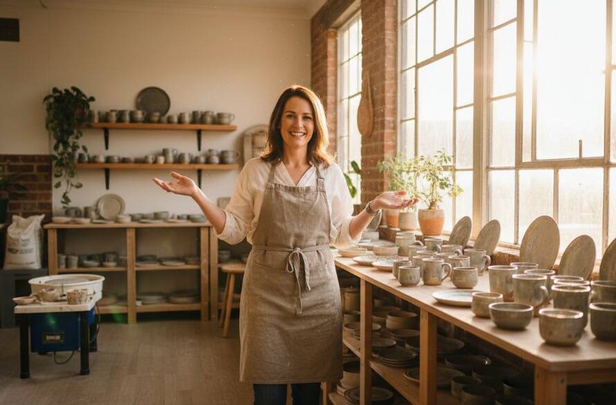 Dynamic wide-angle shot capturing a local Mitcham business owner passionately showcasing their handcrafted products in their studio, bathed in golden hour light, reflecting Mitcham branding photography success stories and professional brand elevation.