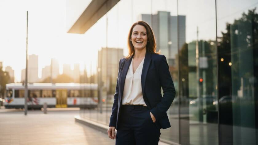 Dynamic Mitcham business headshots Melbourne for entrepreneurs featuring a confident, smiling professional woman in a modern Mitcham office setting, bathed in warm, cinematic lighting.